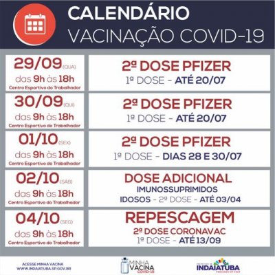 Calendário da vacinação contra a covid-19 em Indaiatuba (Arte: RIC/PMI)