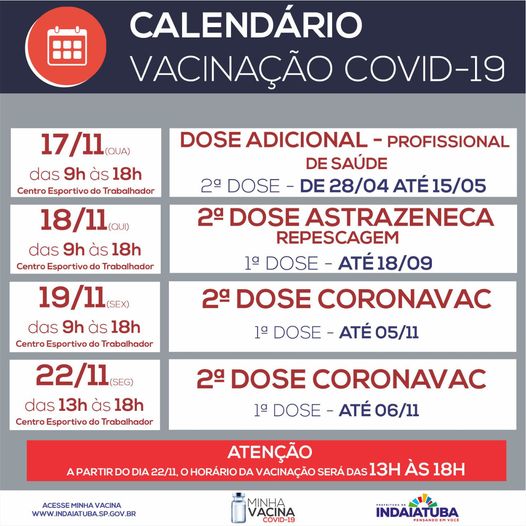 Calendário da vacinação contra a covid-19 em Indaiatuba (Arte: RIC/PMI)