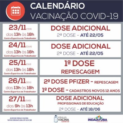 Calendário da vacinação contra a covid-19 em Indaiatuba (Arte: RIC/PMI)