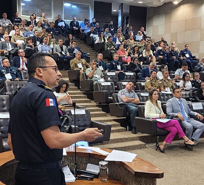 O secretário de Segurança Pública de Indaiatuba, Sandro Bezerra Lima, no encontro (Foto: Divulgação / COMSOC – GCI)