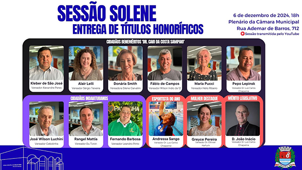 Os 12 homenageados na sessão solene da Câmara (Imagem: Divulgação/CMI)