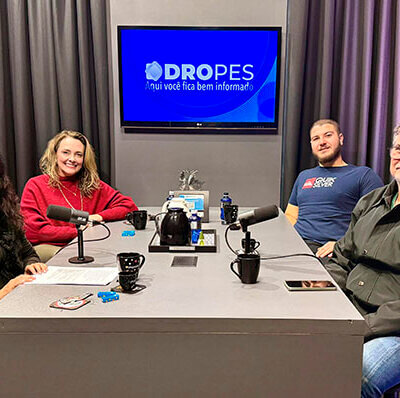 Os convidados do PodCast do Dropes são Mariela Ferraz, Rogério Brolo e André Antal; apresentação é de Patrícia Lisboa (Foto: Lucas Cardoso)
