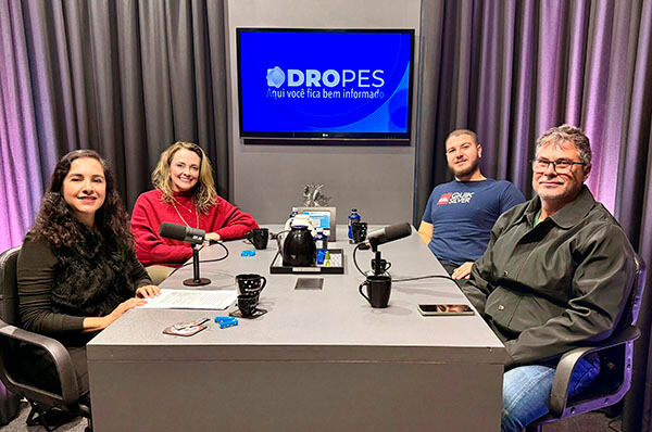Os convidados do PodCast do Dropes são Mariela Ferraz, Rogério Brolo e André Antal; apresentação é de Patrícia Lisboa (Foto: Lucas Cardoso)